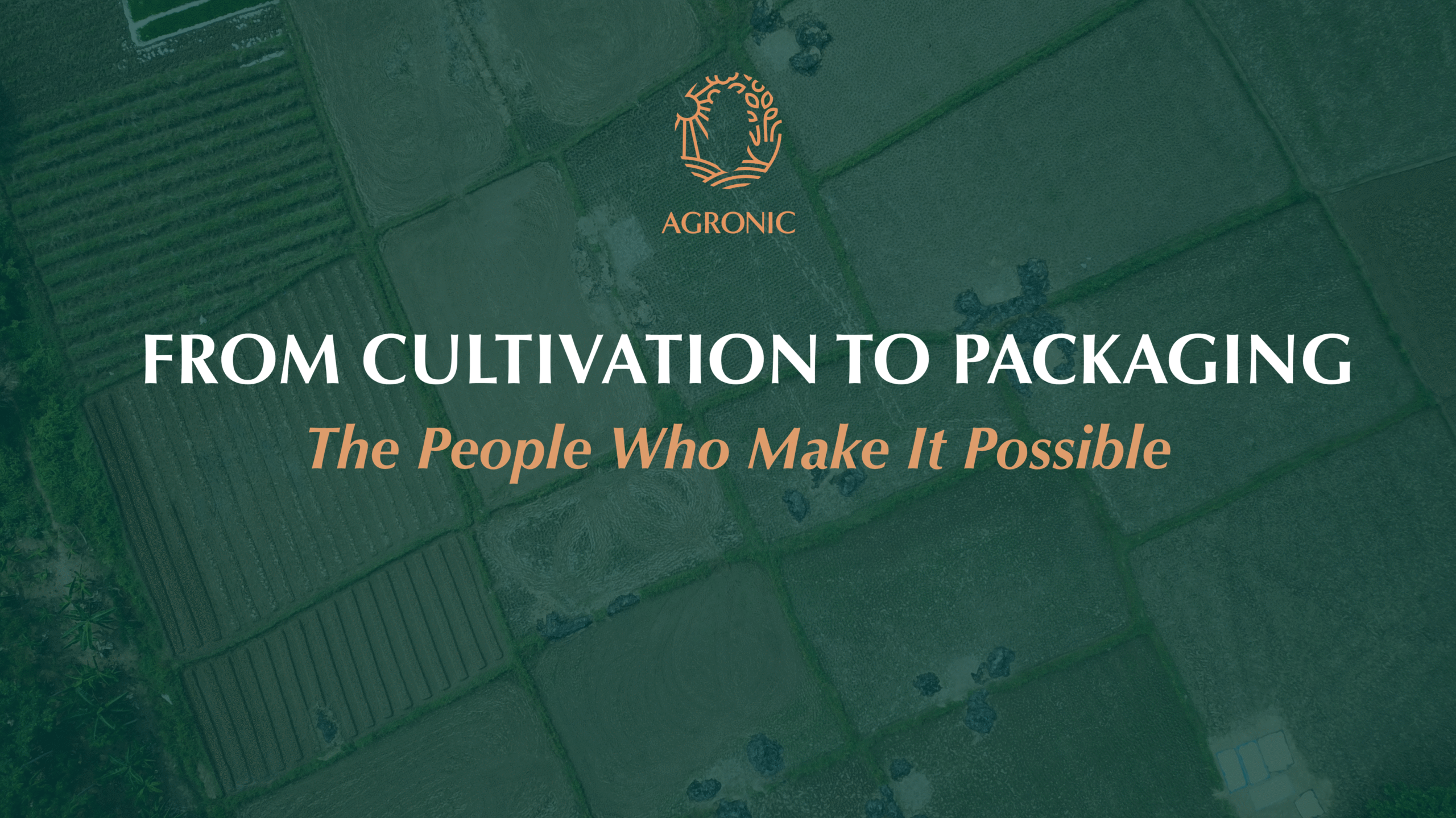 “Aerial view of organic farmlands with Agronic logo and text ‘From Cultivation to Packaging The People Who Make It Possible’ representing the journey of organic food production.”