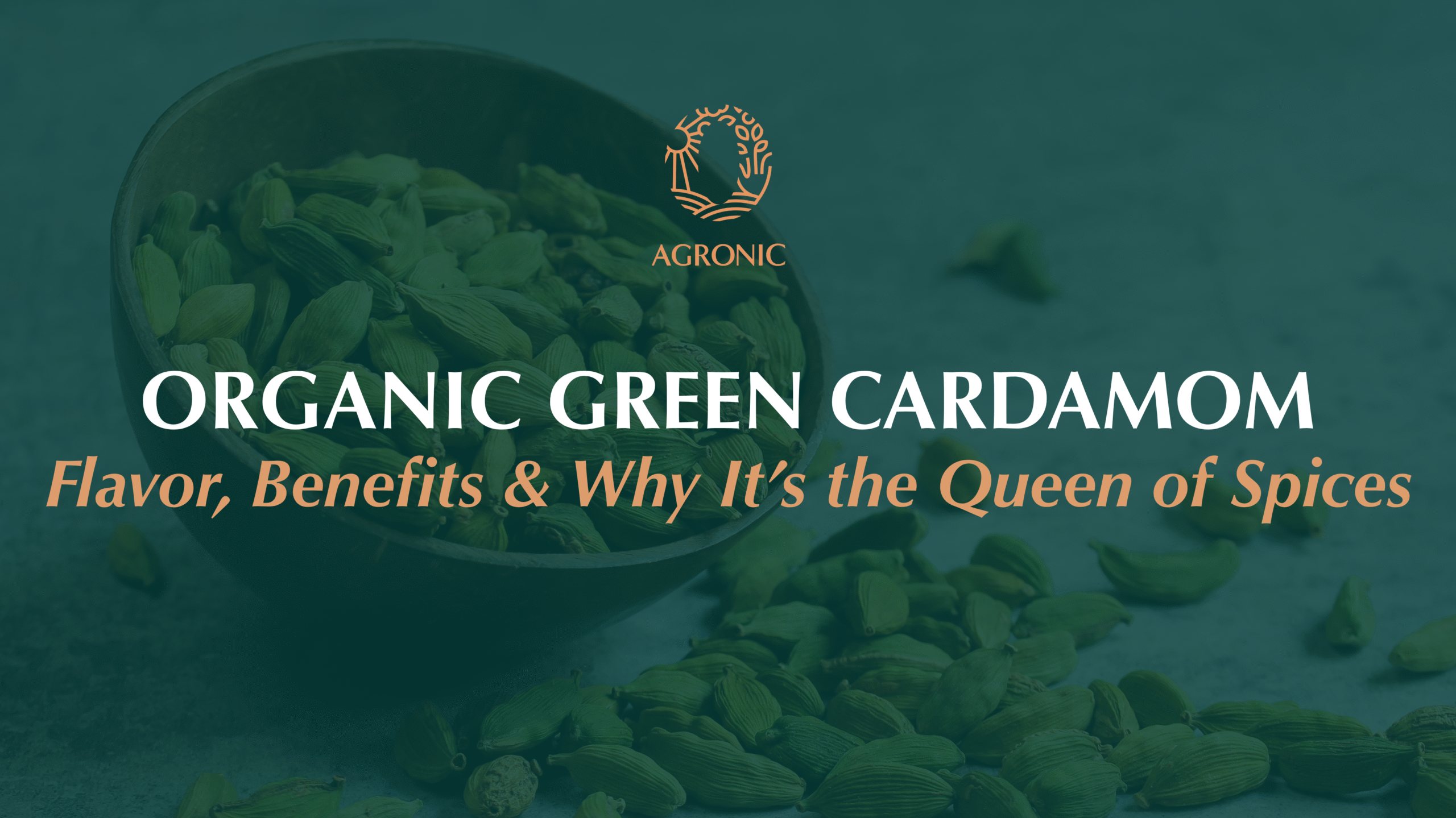 Organic green cardamom pods displayed in a wooden bowl with Agronic branding on a banner titled ‘Organic Green Cardamom – Flavor, Benefits & Why It’s the Queen of Spices’.
